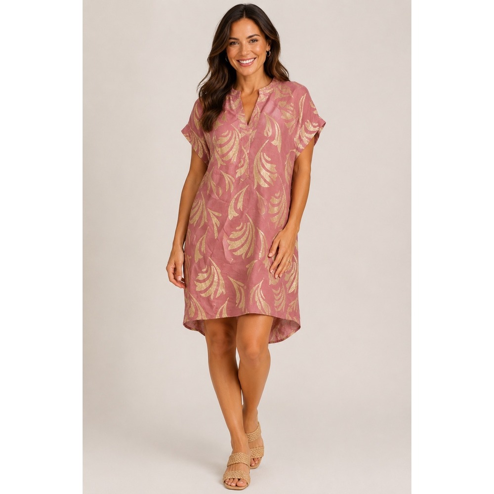HM Pink‎ Gold Metallic Leaf Jacquard Shift Dress High Low V-Neck Short Sleeve